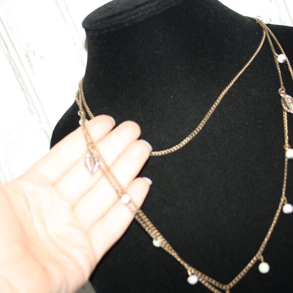 Gold layered necklace with silver leaf and white bead charms 17-18" - Picture 3 of 5